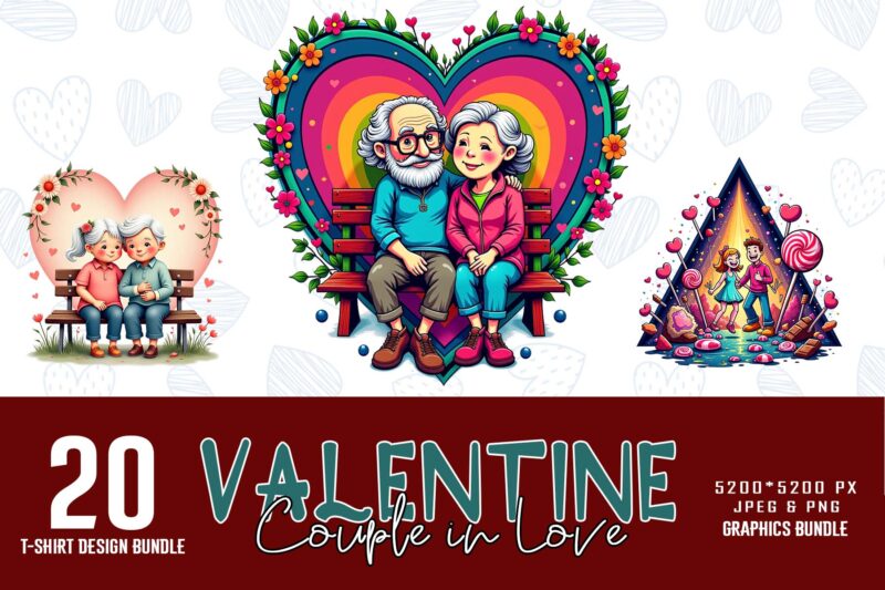 Trendy Valentines Day Couple in Love t-shirt design bundle of 20 png & jpeg designs – download instantly Retro Vintage T-shirt Bundle