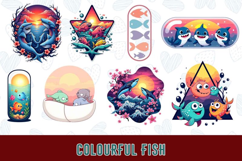 Trendy Underwater Sea Life and Cute Fish t-shirt design bundle of 20 png & jpeg designs – download instantly Retro Vintage T-shirt Design