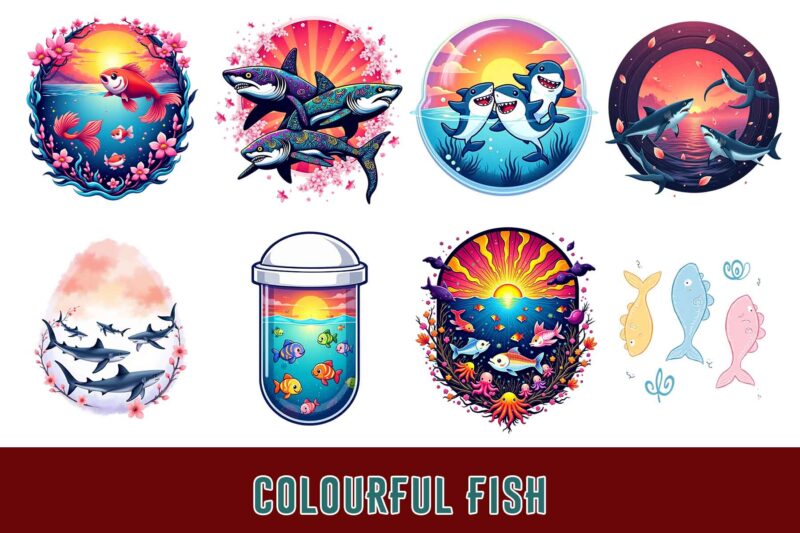 Trendy Underwater Sea Life and Cute Fish t-shirt design bundle of 20 png & jpeg designs – download instantly Retro Vintage T-shirt Design