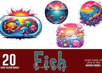 20 Trendy Colourful Fish t-shirt design bundle for POD