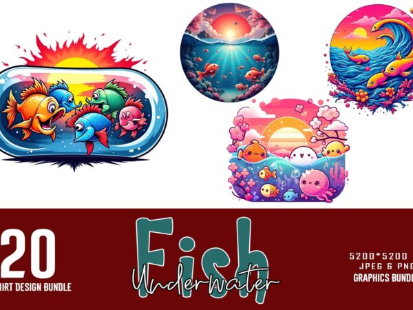 20 trendy colourful fish t-shirt design bundle for pod