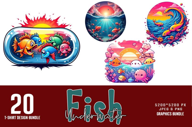 20 Trendy Colourful Fish t-shirt design bundle for POD