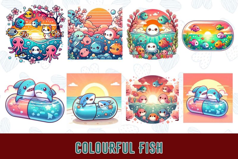 Trendy Underwater Fish t-shirt design bundle of 20 png & jpeg designs – download instantly Retro Vintage T-shirt Design Illustration