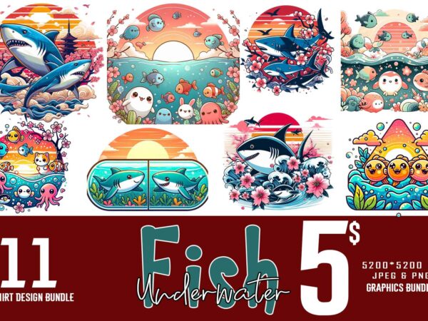 11 colourful fish t-shirt design bundle on special discount best for print on demand bestselling