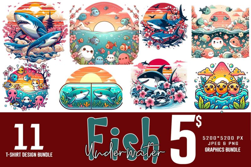 11 Colourful Fish t-shirt design bundle on Special Discount Best for Print on Demand Bestselling