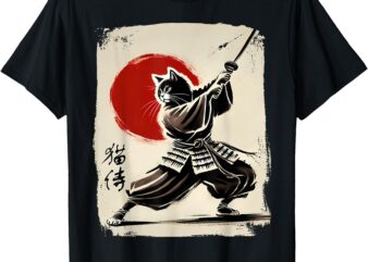 Vintage Samurai Cat Ukiyo-e Graphic Japanese Anime Art T-Shirt