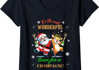 Womens Most Wonderful Time for Champagne Santa Reindeer V-Neck T-Shirt