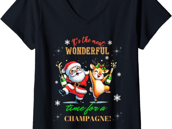 Womens most wonderful time for champagne santa reindeer v-neck t-shirt