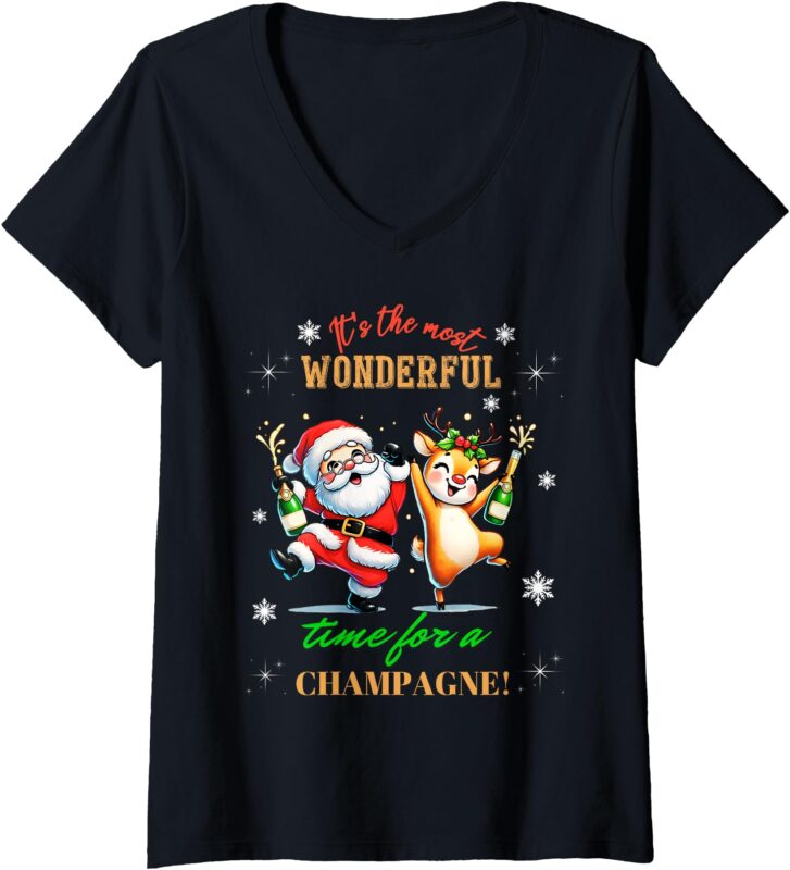 Womens Most Wonderful Time for Champagne Santa Reindeer V-Neck T-Shirt