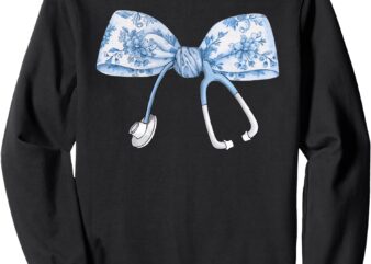 Womens Toile Nurse Bow Blue Coquette Nurse Stethoscope Bow Sweatshirt