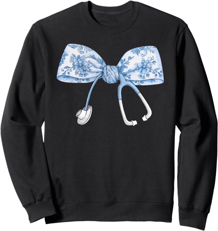 Womens Toile Nurse Bow Blue Coquette Nurse Stethoscope Bow Sweatshirt