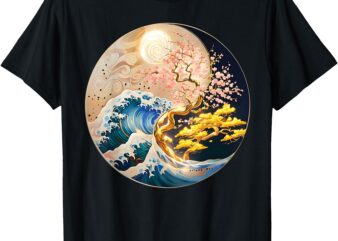 Yin Yang Blossom Golden Tree of Harmony & Great Wave T-Shirt