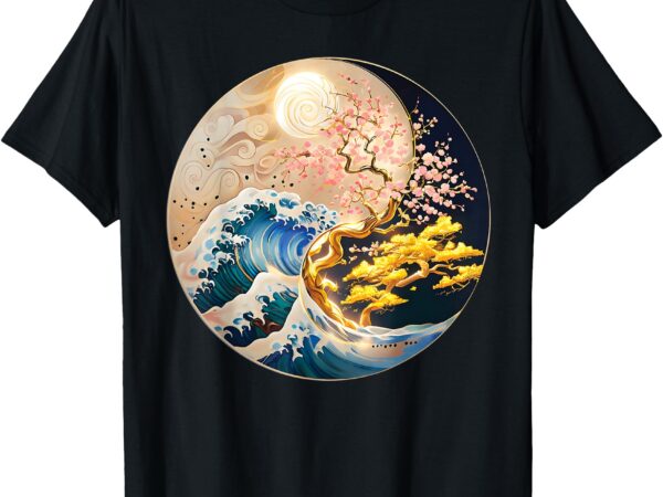 Yin yang blossom golden tree of harmony & great wave t-shirt