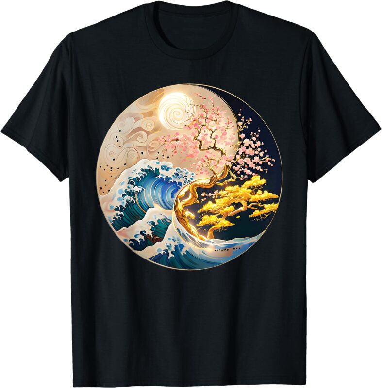 Yin Yang Blossom Golden Tree of Harmony & Great Wave T-Shirt