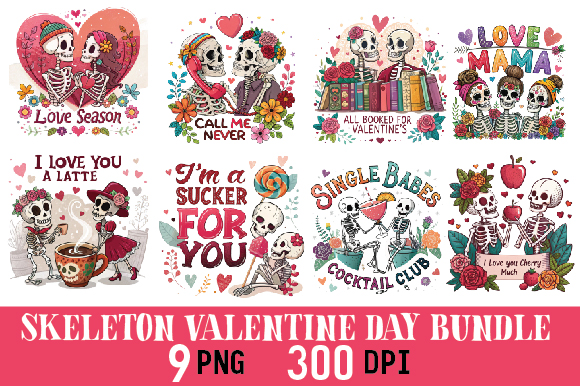 Skeleton valentine day bundle t shirt template vector