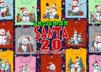 Trendy Christmas Snowman Santa Claus t-shirt design bundle of 20 png & jpeg designs – download instantly Retro Vintage T-shirt Design