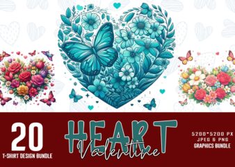 Trendy Valentines Day Heart Love t-shirt design bundle of 20 png & jpeg designs – download instantly Retro Vintage T-shirt Design Bundle