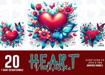 Funny Valentines Day Cute Heart t-shirt design bundle of 20 designs – download instantly Retro Vintage Illustration