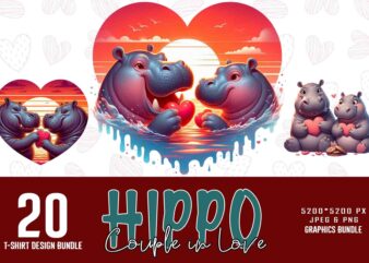 Trendy Valentines Day Hippo in Love t-shirt design bundle of 20 png & jpeg designs – download instantly Retro Vintage T-shirt