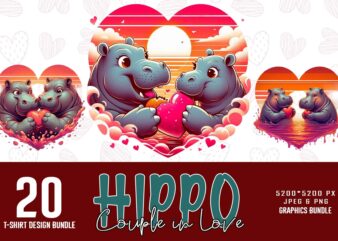 Funny valentines day cute hippo in love t-shirt design bundle of 20 designs – download instantly retro vintage illustration