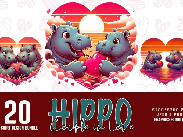 Funny valentines day cute hippo in love t-shirt design bundle of 20 designs – download instantly retro vintage illustration