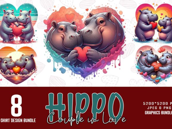 Popular valentines day hippo in love shape t-shirt design bundle of 8 design