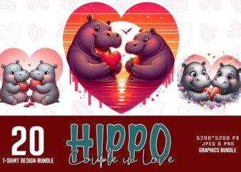 20 Colourful Valentines Day Hippo in Love t-shirt design bundle