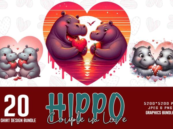 20 colourful valentines day hippo in love t-shirt design bundle