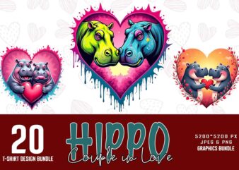 Retro Valentines Day Lovely Hippo t-shirt design bundle of 20 designs – download instantly