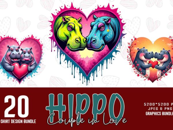 Retro valentines day lovely hippo t-shirt design bundle of 20 designs – download instantly