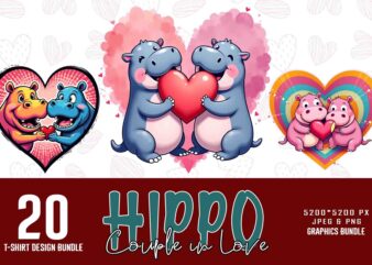 Funny valentines day cute hippo in love t-shirt design bundle of 20 designs – download instantly retro vintage bundle