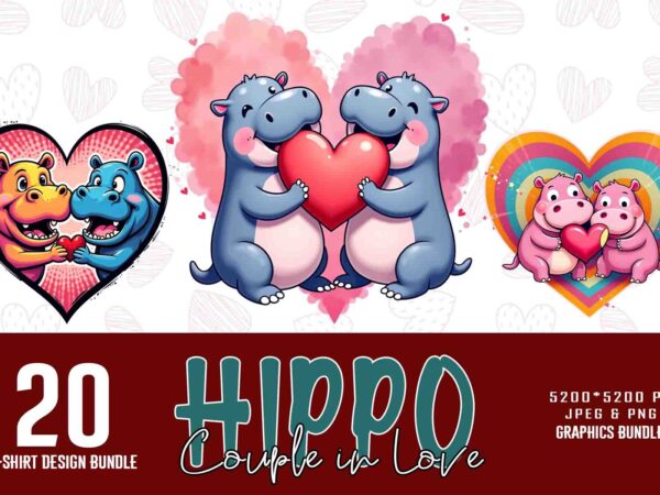 Funny valentines day cute hippo in love t-shirt design bundle of 20 designs – download instantly retro vintage bundle