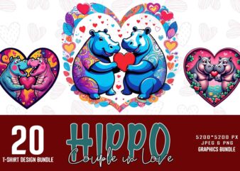 Trendy valentines day hippo in love t-shirt design bundle of 20 png & jpeg designs