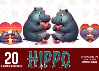 Colourful Valentines Day Hippo in Love t-shirt design bundle of 20 designs – download instantly Retro Vintage T-shirt Bundle