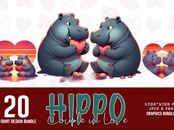 Colourful valentines day hippo in love t-shirt design bundle of 20 designs – download instantly retro vintage t-shirt bundle