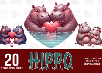 Retro valentines day lovely hippo t-shirt design bundle of 20 designs – download instantly