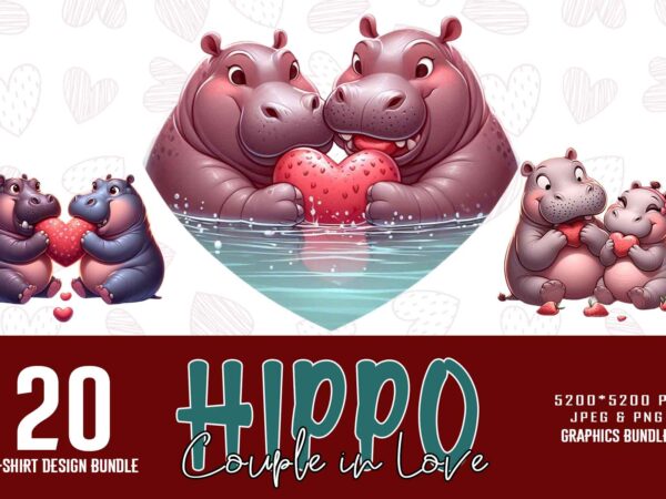 Retro valentines day lovely hippo t-shirt design bundle of 20 designs – download instantly