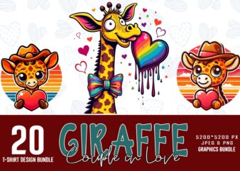 Retro Valentines Day Lovely Giraffe in Love t-shirt design bundle of 20 designs – download instantly