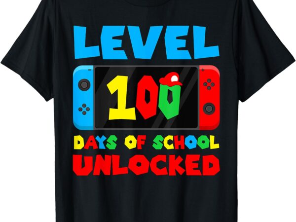 100 days of school boys kids gamer level 100 days unlocked t-shirt