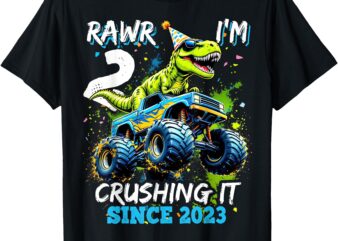 2nd Birthday Monster Truck Dinosaur Party Boys Rawr I’m 2 T-Shirt