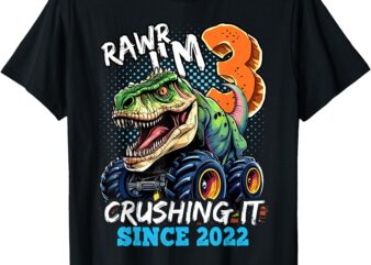 3rd Birthday Monster Truck Dinosaur Party Boys Rawr I’m 3 T-Shirt