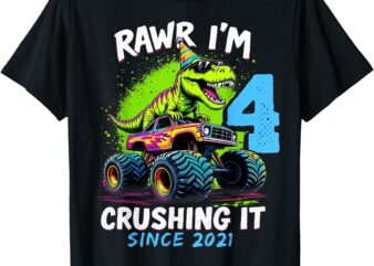 4th Birthday Monster Truck Dinosaur Party Boys Rawr I’m 4 T-Shirt