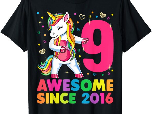 9 years old unicorn flossing 9th birthday girl unicorn party t-shirt