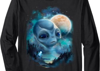 Alien UFO Encounter Under Moonlit Forest Sky Long Sleeve T-Shirt