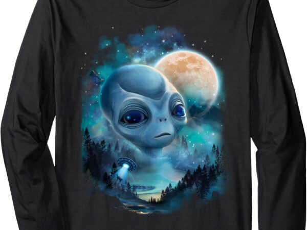 Alien ufo encounter under moonlit forest sky long sleeve t-shirt