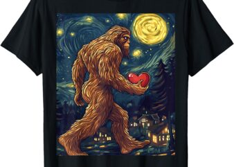 Bigfoot Starry Night Van Gogh Tee Sasquatch Valentines Day T-Shirt