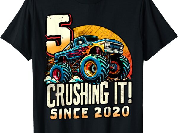 Birthday monster truck 5 year old boys 5th party born 2020 t-shirt