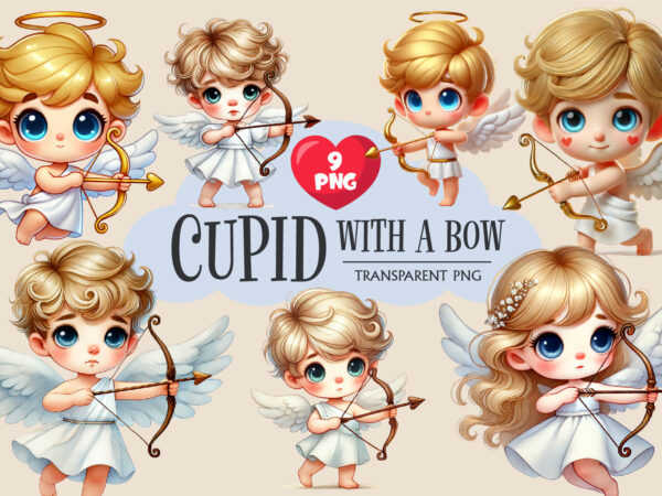 Cartoon cupid with a bow and arrow. clipart, png. t shirt vector file