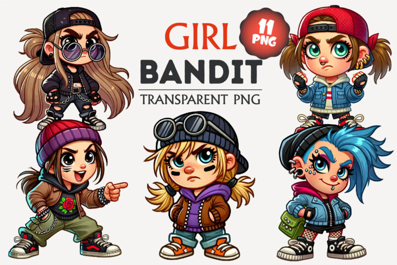 Cartoon girl bandit. Tshirt, PNG.