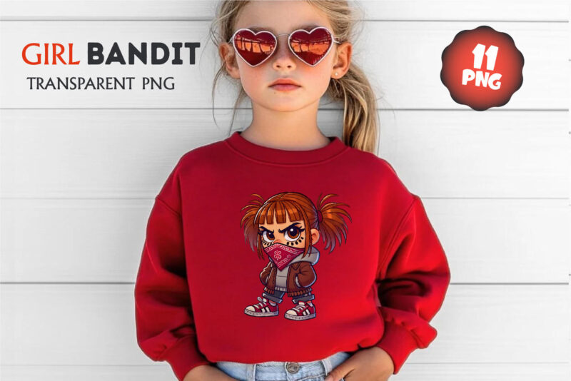 Cartoon girl bandit. Tshirt, PNG.